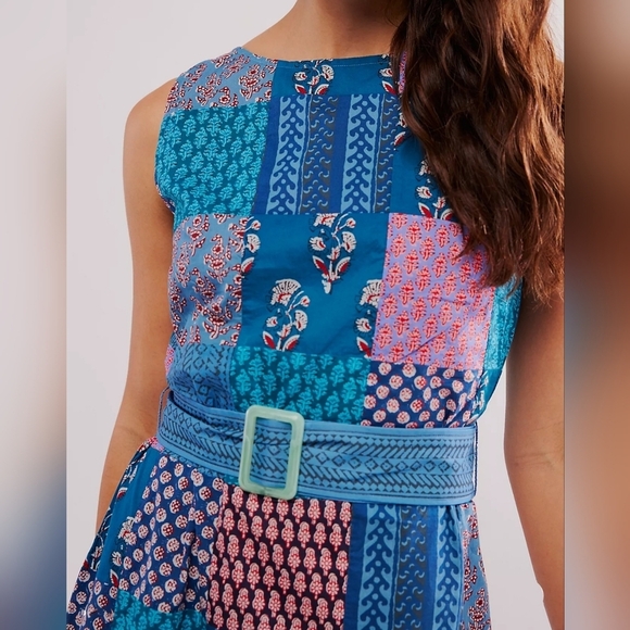 BOTEH Cedella Low-Back 100% Cotton Midi Dress, Patchwork Aquamarine Motif, Sz 4 - Picture 6 of 16